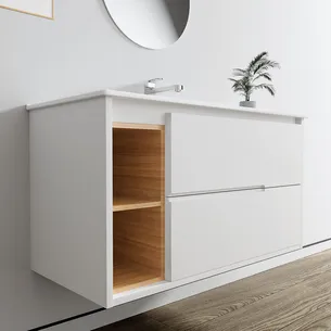 ארון אמבטיה תלוי לפי מידה רוחב עומק וצבע לפי בחירתך עם כיור משטח חרס שקוע דגם יולה