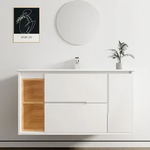 ארון אמבטיה תלוי לפי מידה רוחב עומק וצבע לפי בחירתך עם כיור משטח חרס שקוע דגם סיגמא B