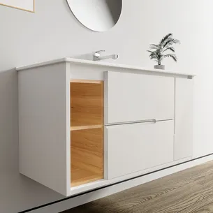 ארון אמבטיה תלוי לפי מידה רוחב עומק וצבע לפי בחירתך עם כיור משטח חרס שקוע דגם סיגמא B