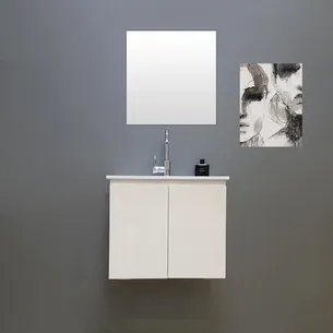 ארון אמבטיה תלוי לפי מידה רוחב עומק וצבע לפי בחירתך עם כיור משטח חרס שקוע דגם טיראנה