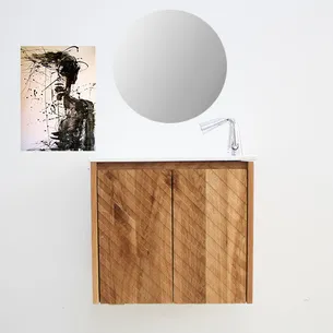 ארון אמבטיה תלוי לפי מידה רוחב ועומק לפי בחירתך עשוי מעץ מלא אלון מבוקע עם כיור משטח חרס שקוע דגם הובז W