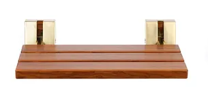 ספסל עץ טיק מלא לישיבה במקלחת מיועד לחדרים רטובים רוחב 51 ס"מ ומיועד לתליה על הקיר במקלחת מתקפל צבע פרזול זהב מט אל חלד דגם פלורנה