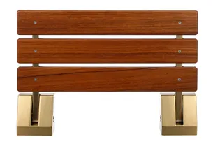 ספסל עץ טיק מלא לישיבה במקלחת מיועד לחדרים רטובים רוחב 51 ס"מ ומיועד לתליה על הקיר במקלחת מתקפל צבע פרזול זהב מט אל חלד דגם פלורנה