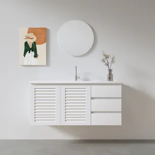 ארון אמבטיה תלוי רוחב 80, 100 ס"מ לבחירתך בעומק 46 ס"מ צבע לבן מט עם כיור משטח חרס שקוע דגם ציריך