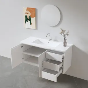 ארון אמבטיה תלוי רוחב 80, 100 ס"מ לבחירתך בעומק 46 ס"מ צבע לבן מט עם כיור משטח חרס שקוע דגם ציריך