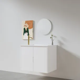 ארון אמבטיה תלוי רוחב 55 ס"מ בעומק 33 ס"מ צבע לבן או שחור מט לבחריתך עם כיור משטח חרס שקוע דגם R48-55A