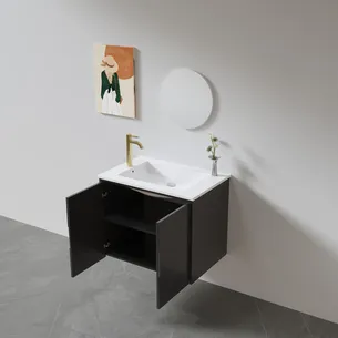 ארון אמבטיה תלוי רוחב 55 ס"מ בעומק 33 ס"מ צבע לבן או שחור מט לבחריתך עם כיור משטח חרס שקוע דגם R48-55A