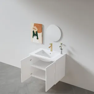 ארון אמבטיה תלוי רוחב 60 ס"מ בעומק 46 ס"מ צבע לבן מט עם כיור משטח חרס שקוע דגם R48-60A