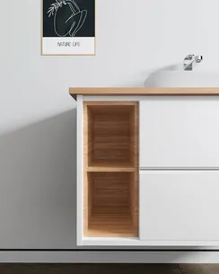 ארון אמבטיה תלוי רוחב 100 ס"מ בעומק 46 ס"מ צבע לבן מט עם משטח עץ מלא להנחת כיור מונח דגם אתונה W