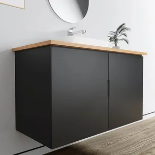 ארון אמבטיה תלוי רוחב 60, 80, 100 ס"מ בעומק 46 ס"מ צבע לבן או שחור מט לבחירתך עם משטח עץ מלא להנחת כיור מונח דגם יוון W