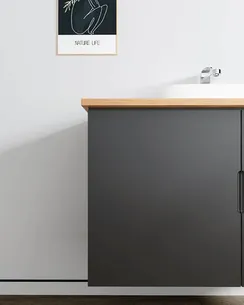 ארון אמבטיה תלוי רוחב 60, 80, 100 ס"מ בעומק 46 ס"מ צבע לבן או שחור מט לבחירתך עם משטח עץ מלא להנחת כיור מונח דגם יוון W