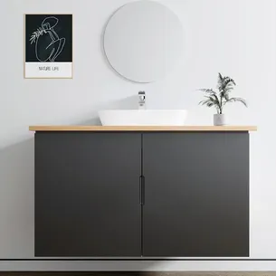 ארון אמבטיה תלוי רוחב 60, 80, 100 ס"מ בעומק 46 ס"מ צבע לבן או שחור מט לבחירתך עם משטח עץ מלא להנחת כיור מונח דגם יוון W