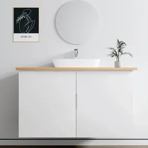 ארון אמבטיה תלוי לפי מידה רוחב עומק וצבע לפי בחירתך עם משטח עץ מלא להנחת כיור מונח דגם יוון B