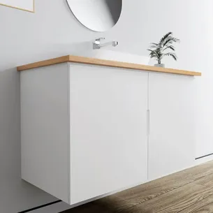 ארון אמבטיה תלוי לפי מידה רוחב עומק וצבע לפי בחירתך עם משטח עץ מלא להנחת כיור מונח דגם יוון B