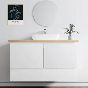 ארון אמבטיה תלוי לפי מידה רוחב עומק וצבע לפי בחירתך עם משטח עץ מלא להנחת כיור מונח דגם סופה W