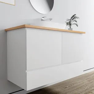 ארון אמבטיה תלוי לפי מידה רוחב עומק וצבע לפי בחירתך עם משטח עץ מלא להנחת כיור מונח דגם סופה W