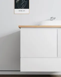 ארון אמבטיה תלוי לפי מידה רוחב עומק וצבע לפי בחירתך עם משטח עץ מלא להנחת כיור מונח דגם סופה W