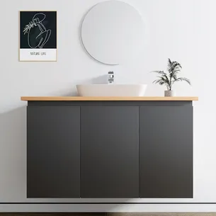 ארון אמבטיה תלוי רוחב 80, 100 ס"מ בעומק 46 ס"מ צבע לבן או שחור מט לבחירתך עם משטח עץ מלא להנחת כיור מונח דגם סופיה W