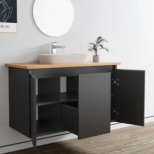 ארון אמבטיה תלוי רוחב 80, 100 ס"מ בעומק 46 ס"מ צבע לבן או שחור מט לבחירתך עם משטח עץ מלא להנחת כיור מונח דגם סופיה W