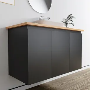 ארון אמבטיה תלוי רוחב 80, 100 ס"מ בעומק 46 ס"מ צבע לבן או שחור מט לבחירתך עם משטח עץ מלא להנחת כיור מונח דגם סופיה W