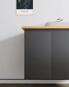 ארון אמבטיה תלוי רוחב 80, 100 ס"מ בעומק 46 ס"מ צבע לבן או שחור מט לבחירתך עם משטח עץ מלא להנחת כיור מונח דגם סופיה W