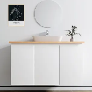 ארון אמבטיה תלוי לפי מידה רוחב עומק וצבע לפי בחירתך עם משטח עץ מלא להנחת כיור מונח דגם סופיה B