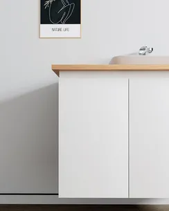 ארון אמבטיה תלוי לפי מידה רוחב עומק וצבע לפי בחירתך עם משטח עץ מלא להנחת כיור מונח דגם סופיה B