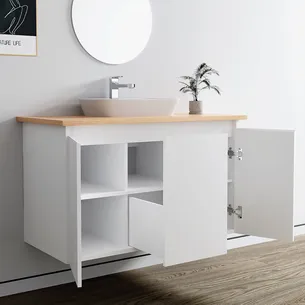 ארון אמבטיה תלוי לפי מידה רוחב עומק וצבע לפי בחירתך עם משטח עץ מלא להנחת כיור מונח דגם סופיה B