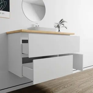 ארון אמבטיה תלוי לפי מידה רוחב עומק וצבע לפי בחירתך עם משטח עץ מלא להנחת כיור מונח דגם סוהו B