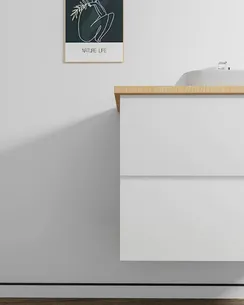 ארון אמבטיה תלוי לפי מידה רוחב עומק וצבע לפי בחירתך עם משטח עץ מלא להנחת כיור מונח דגם סוהו B