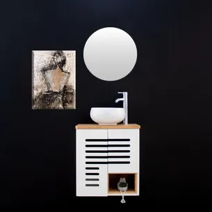 ארון אמבטיה תלוי לפי מידה רוחב עומק וצבע לפי בחירתך עם משטח עץ מלא להנחת כיור מונח דגם סלפורד W