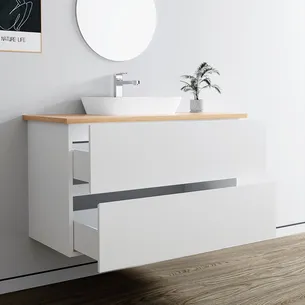 ארון אמבטיה תלוי לפי מידה רוחב עומק וצבע לפי בחירתך עם משטח עץ מלא להנחת כיור מונח דגם תלמה B