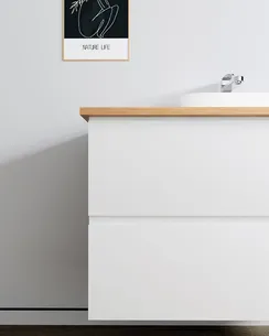 ארון אמבטיה תלוי לפי מידה רוחב עומק וצבע לפי בחירתך עם משטח עץ מלא להנחת כיור מונח דגם תלמה B