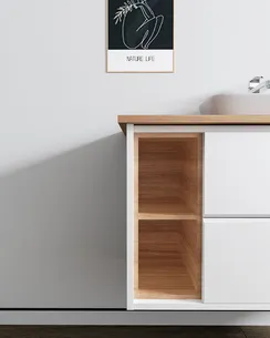 ארון אמבטיה תלוי לפי מידה רוחב עומק וצבע לפי בחירתך עם משטח עץ מלא להנחת כיור מונח דגם מון B