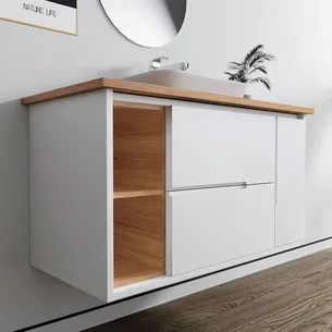 ארון אמבטיה תלוי לפי מידה רוחב עומק וצבע לפי בחירתך עם משטח עץ מלא להנחת כיור מונח דגם מון B