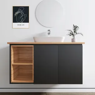 ארון אמבטיה תלוי לפי מידה רוחב עומק וצבע לפי בחירתך עם משטח עץ מלא להנחת כיור מונח דגם הבאנא W