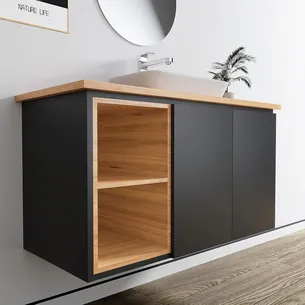 ארון אמבטיה תלוי לפי מידה רוחב עומק וצבע לפי בחירתך עם משטח עץ מלא להנחת כיור מונח דגם הבאנא W