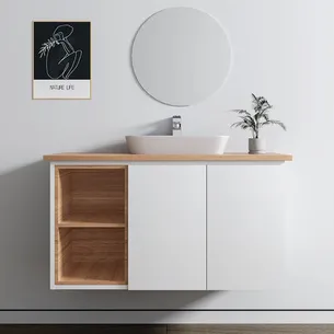 ארון אמבטיה תלוי רוחב 80, 100 ס"מ בעומק 46 ס"מ צבע לבן או שחור מט לבחירתך עם משטח עץ מלא להנחת כיור מונח דגם הבאנא B