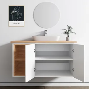 ארון אמבטיה תלוי רוחב 80, 100 ס"מ בעומק 46 ס"מ צבע לבן או שחור מט לבחירתך עם משטח עץ מלא להנחת כיור מונח דגם הבאנא B