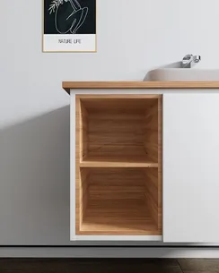 ארון אמבטיה תלוי רוחב 80, 100 ס"מ בעומק 46 ס"מ צבע לבן או שחור מט לבחירתך עם משטח עץ מלא להנחת כיור מונח דגם הבאנא B