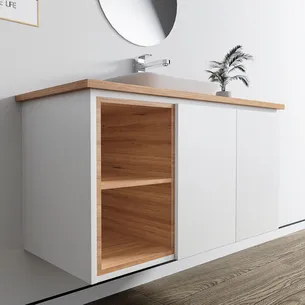 ארון אמבטיה תלוי רוחב 80, 100 ס"מ בעומק 46 ס"מ צבע לבן או שחור מט לבחירתך עם משטח עץ מלא להנחת כיור מונח דגם הבאנא B