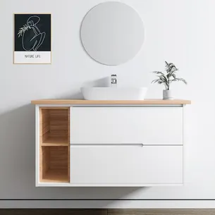 ארון אמבטיה תלוי לפי מידה רוחב עומק וצבע לפי בחירתך עם משטח עץ מלא להנחת כיור מונח דגם עלמה