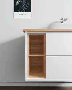 ארון אמבטיה תלוי לפי מידה רוחב עומק וצבע לפי בחירתך עם משטח עץ מלא להנחת כיור מונח דגם עלמה