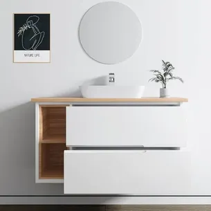 ארון אמבטיה תלוי לפי מידה רוחב עומק וצבע לפי בחירתך עם משטח עץ מלא להנחת כיור מונח דגם עלמה