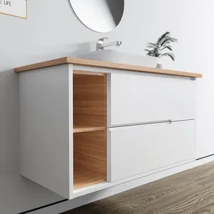 ארון אמבטיה תלוי לפי מידה רוחב עומק וצבע לפי בחירתך עם משטח עץ מלא להנחת כיור מונח דגם עלמה