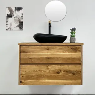 ארון אמבטיה תלוי לפי מידה רוחב ועומק לפי בחירתך עשוי מעץ מלא אלון מבוקע עם משטח להנחת כיור מונח דגם קדיז W