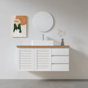 ארון אמבטיה תלוי לפי מידה רוחב עומק וצבע לפי בחירתך עם משטח עץ מלא להנחת כיור מונח דגם ברן W