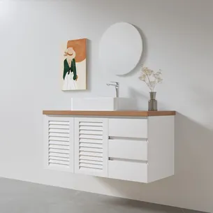 ארון אמבטיה תלוי לפי מידה רוחב עומק וצבע לפי בחירתך עם משטח עץ מלא להנחת כיור מונח דגם ברן W