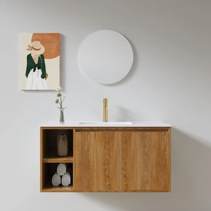 ארון אמבטיה תלוי רוחב 60, 80, 100 ס"מ בעומק 46 ס"מ לבחירתך עשוי מעץ מלא אלון מבוקע עם כיור משטח חרס שקוע דגם פאס