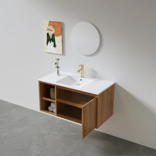 ארון אמבטיה תלוי רוחב 60, 80, 100 ס"מ בעומק 46 ס"מ לבחירתך עשוי מעץ מלא אלון מבוקע עם כיור משטח חרס שקוע דגם פאס